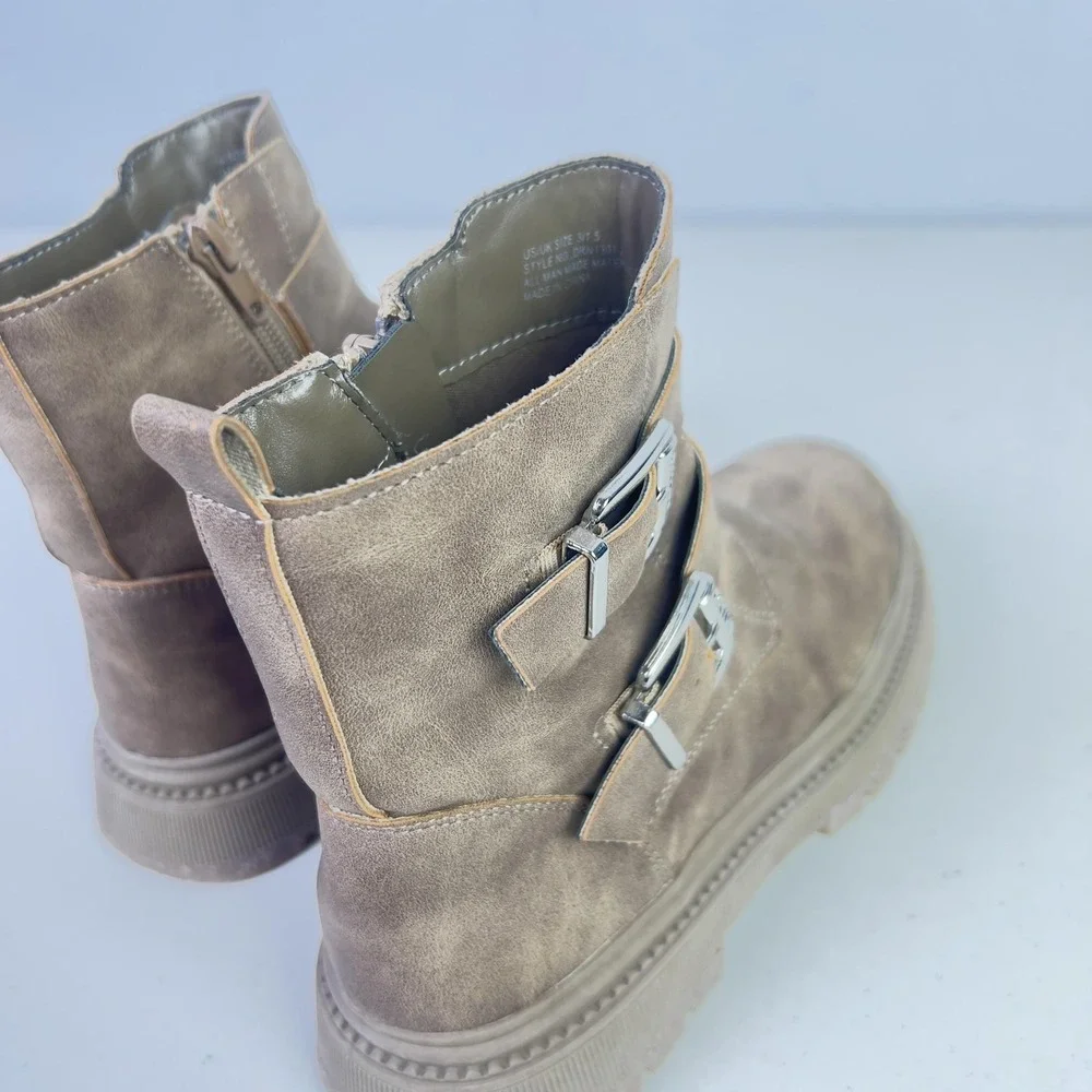 DKNY Boots Kids Size 3 Brown Biker Ankle Double Buckle Zip Lug Sole DKN1301-2